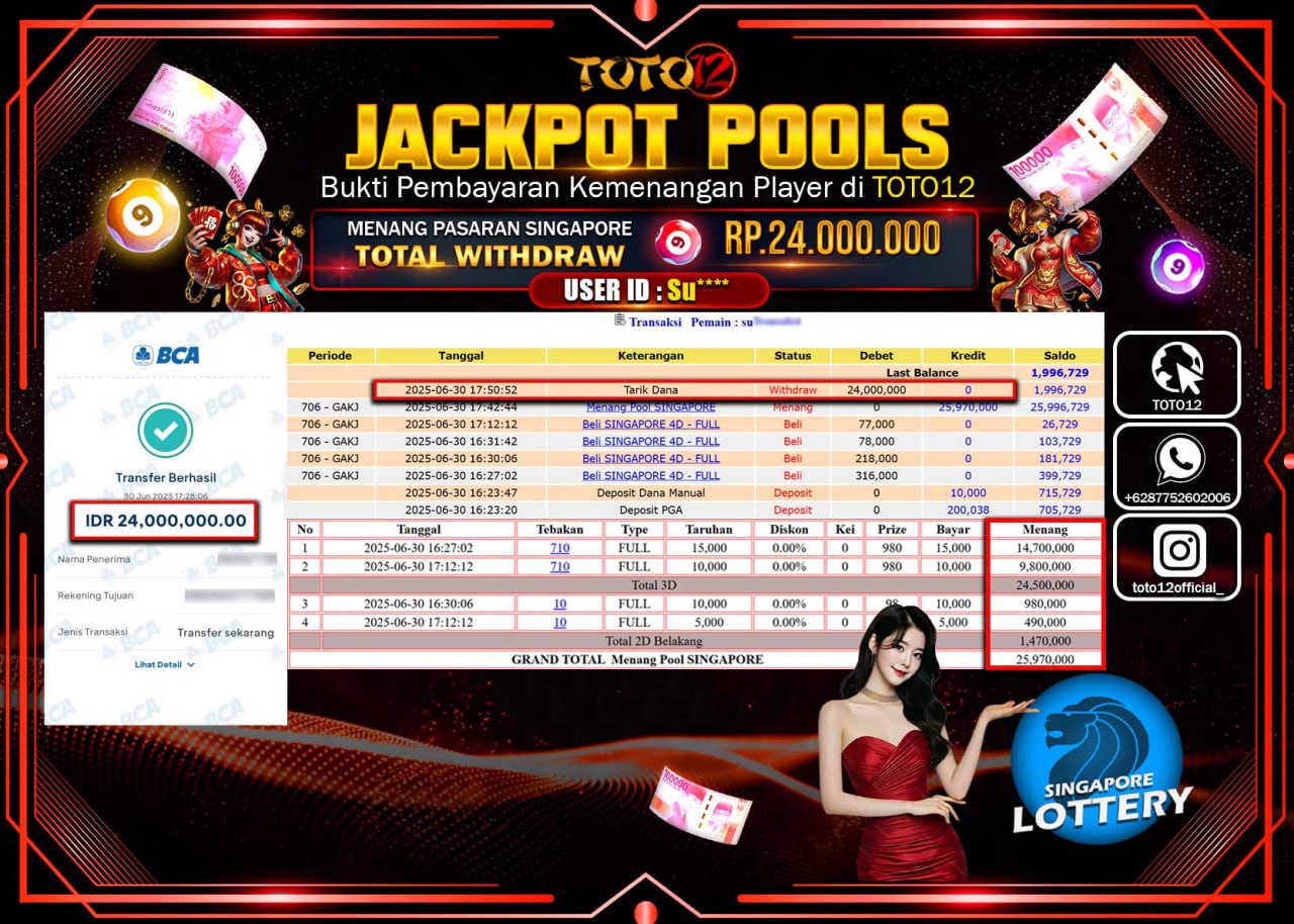 HANYA DI TOTO12 JP PASTI DI BAYAR LUNAS DAN CEPAT!!!!!! JACKPOT POOLS PASARAN (SINGAPORE) Rp.24.000.000 !!!!