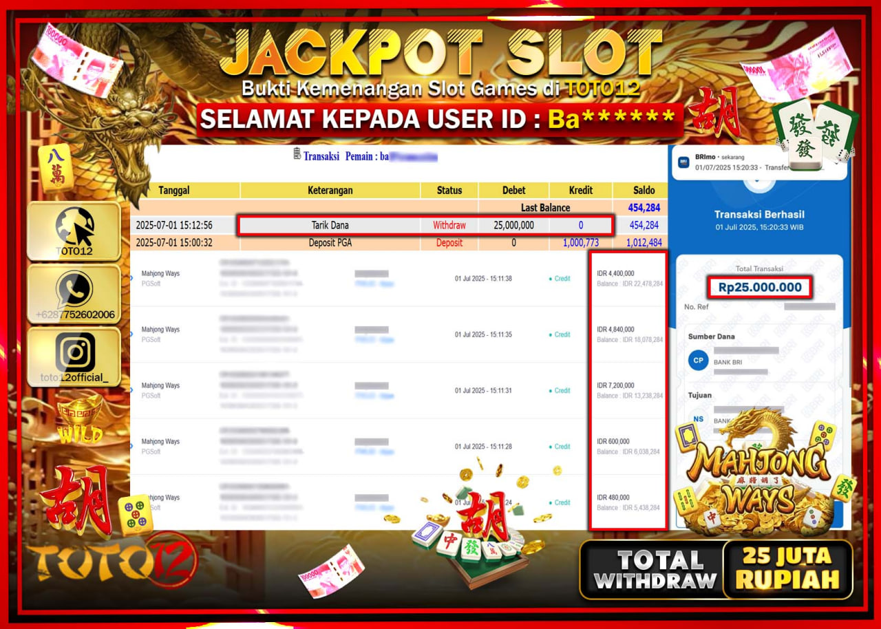 HANYA DI TOTO12 JP PASTI DI BAYAR LUNAS DAN CEPAT!!!!!! JACKPOT SLOT GAME (MAHJONG WAYS) Rp.25.000.000 !!!!