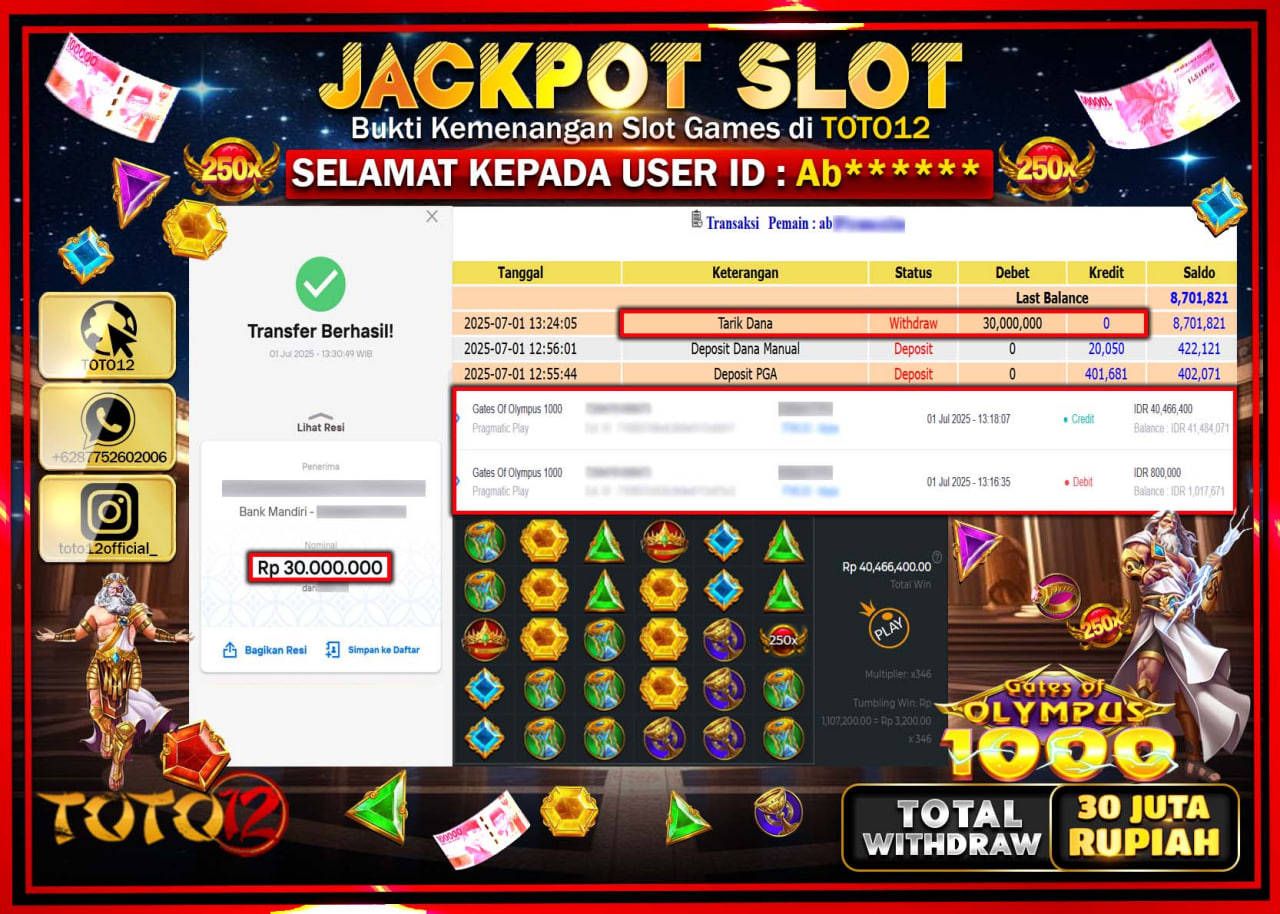HANYA DI TOTO12 JP PASTI DI BAYAR LUNAS DAN CEPAT!!!!!! JACKPOT SLOT GAME (GATES OF OLYMPUS 1000) Rp.30.000.000 !!!!