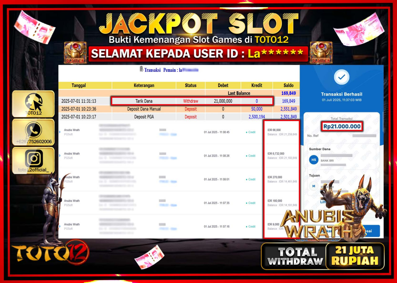 HANYA DI TOTO12 JP PASTI DI BAYAR LUNAS DAN CEPAT!!!!!! JACKPOT SLOT GAME (ANUBIS WRATH) Rp.21.000.000 !!!!