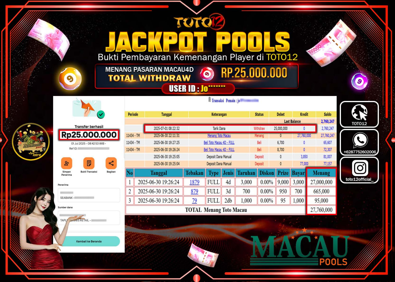 HANYA DI TOTO12 JP PASTI DI BAYAR LUNAS DAN CEPAT!!!!!! JACKPOT POOLS PASARAN (MACAU4D) Rp.25.000.000 !!!!