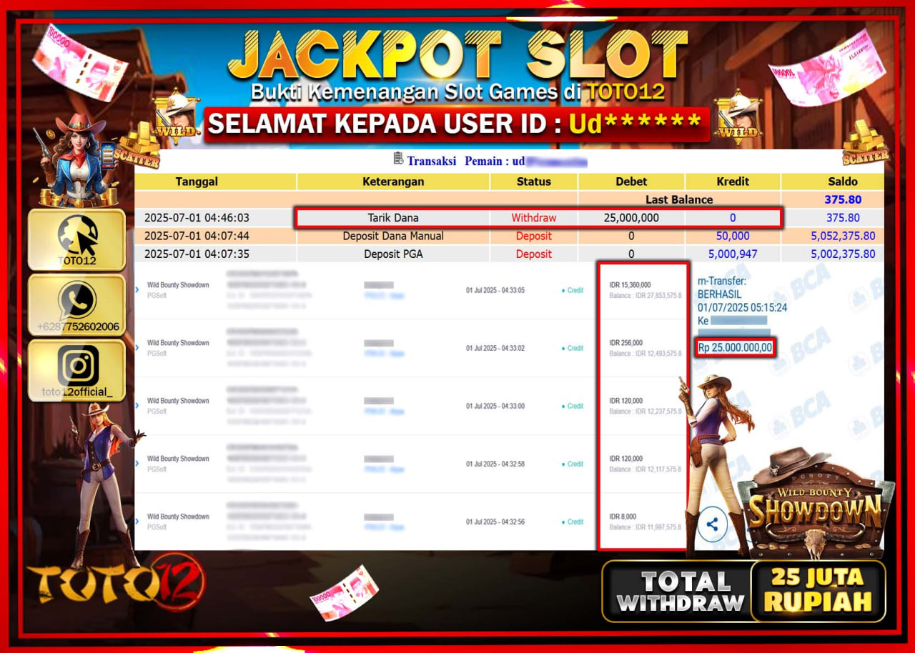 HANYA DI TOTO12 JP PASTI DI BAYAR LUNAS DAN CEPAT!!!!!! JACKPOT SLOT GAME (WILD BOUNTY SHOWDOWN) Rp.25.000.000 !!!!