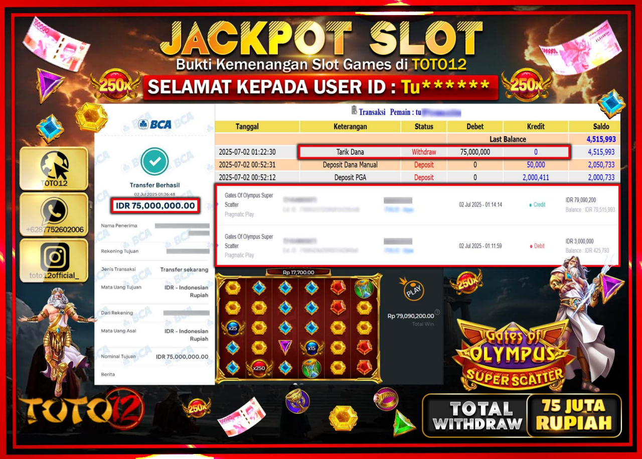 HANYA DI TOTO12 JP PASTI DI BAYAR LUNAS DAN CEPAT!!!!!! JACKPOT SLOT GAME (GATES OF OLYMPUS SUPER SCATTER) Rp.75.000.000 !!!!