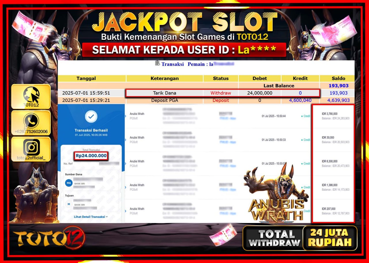 HANYA DI TOTO12 JP PASTI DI BAYAR LUNAS DAN CEPAT!!!!!! JACKPOT SLOT GAME (ANUBIS WRATH) Rp.24.000.000 !!!!