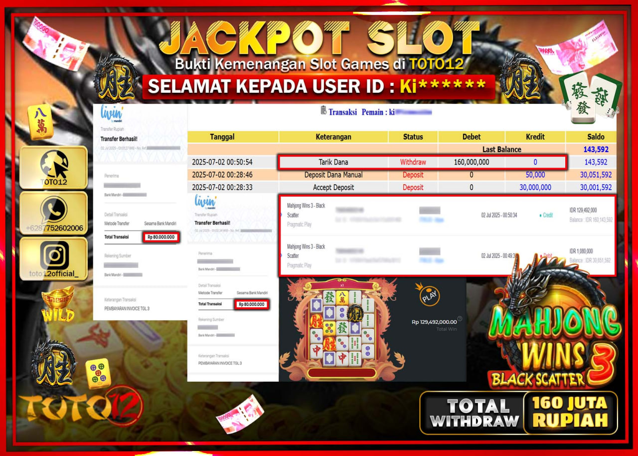 HANYA DI TOTO12 JP PASTI DI BAYAR LUNAS DAN CEPAT!!!!!! JACKPOT SLOT GAME (MAHJONG WINS 3 BLACK SCATTER) Rp.160.000.000 !!!!