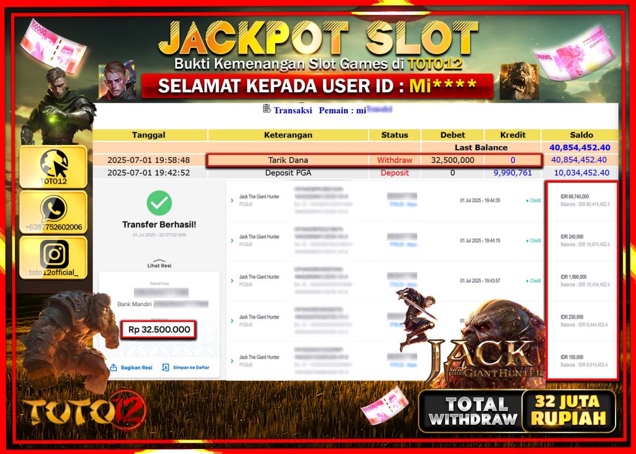 HANYA DI TOTO12 JP PASTI DI BAYAR LUNAS DAN CEPAT!!!!!! JACKPOT SLOT GAME (JACK THE GLANT HUNTER) Rp.32.000.000 !!!!