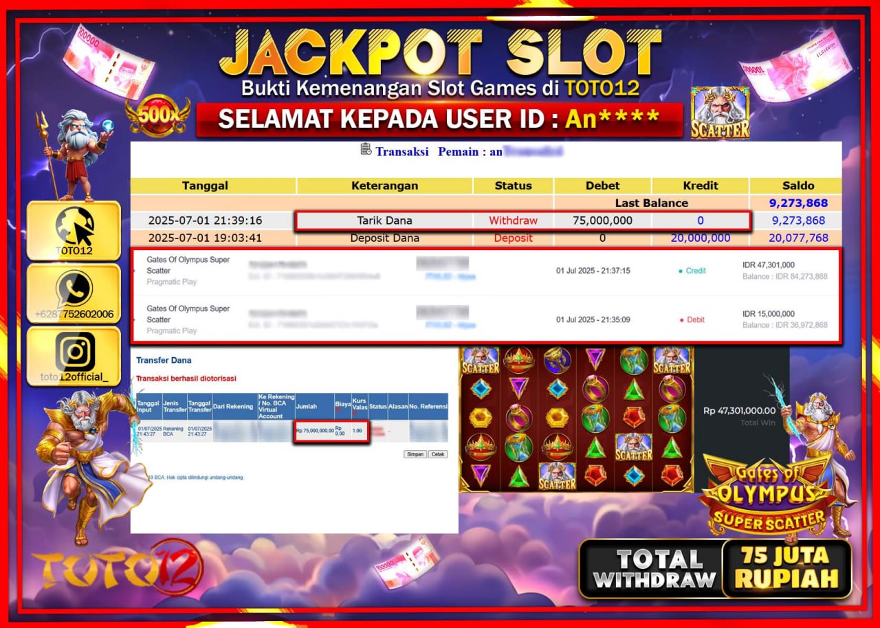 HANYA DI TOTO12 JP PASTI DI BAYAR LUNAS DAN CEPAT!!!!!! JACKPOT SLOT GAME (GATES OF OLYMPUS SUPER SCATTER) Rp.75.000.000 !!!!