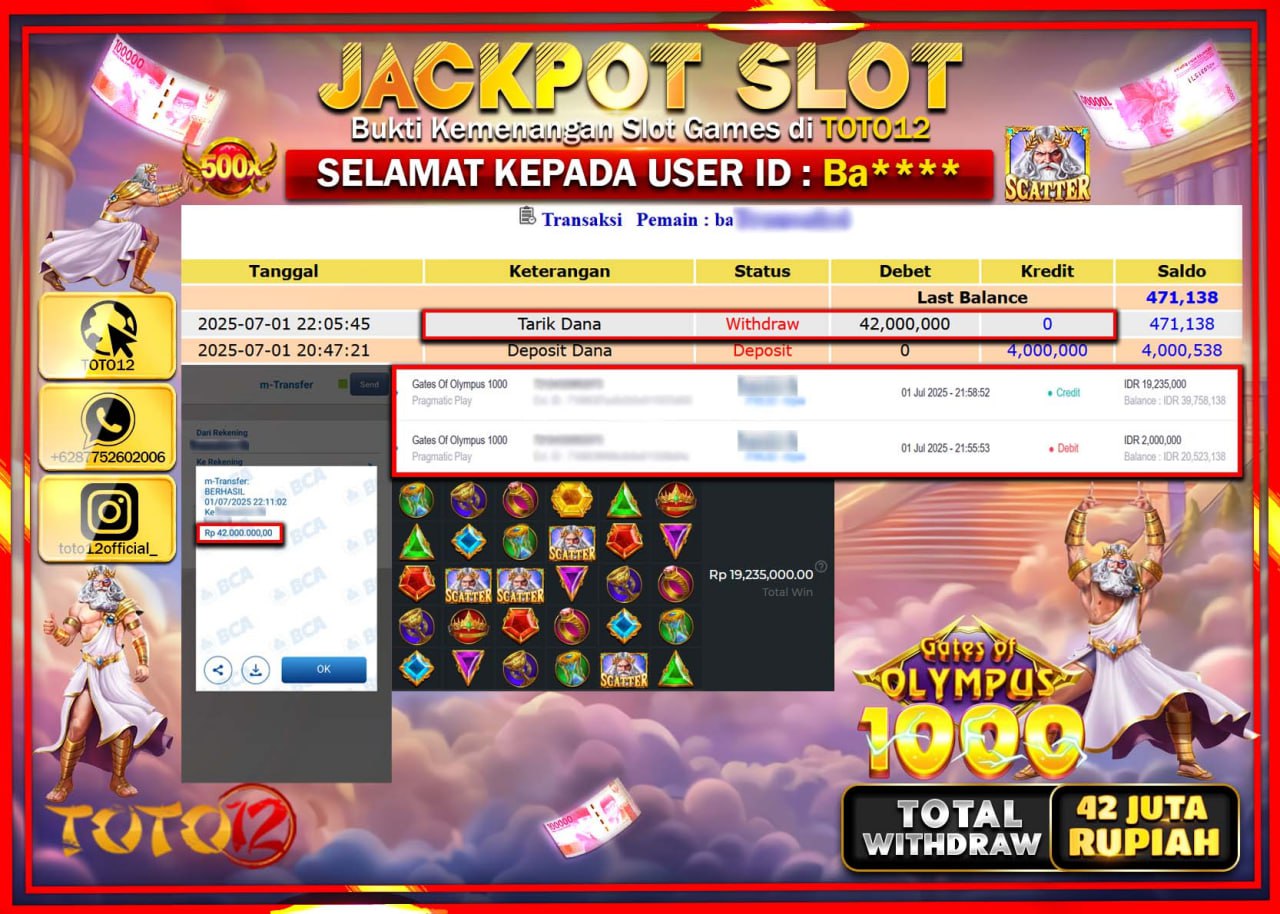 HANYA DI TOTO12 JP PASTI DI BAYAR LUNAS DAN CEPAT!!!!!! JACKPOT SLOT GAME (GATES OF OLYMPUS 1000) Rp.42.000.000 !!!!