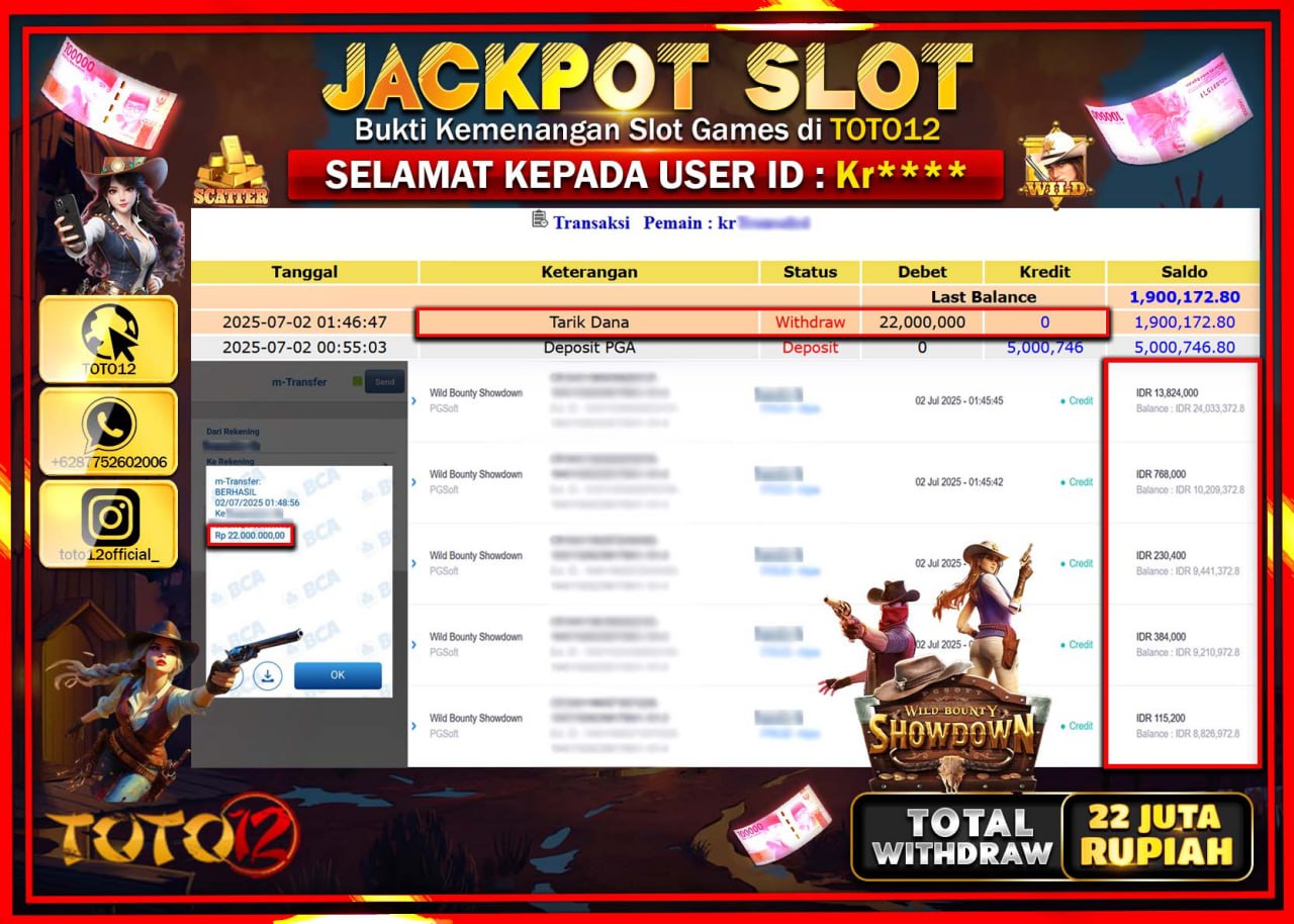 HANYA DI TOTO12 JP PASTI DI BAYAR LUNAS DAN CEPAT!!!!!! JACKPOT SLOT GAME (WILD BOUNTY SHOWDOWN) Rp.22.000.000 !!!!