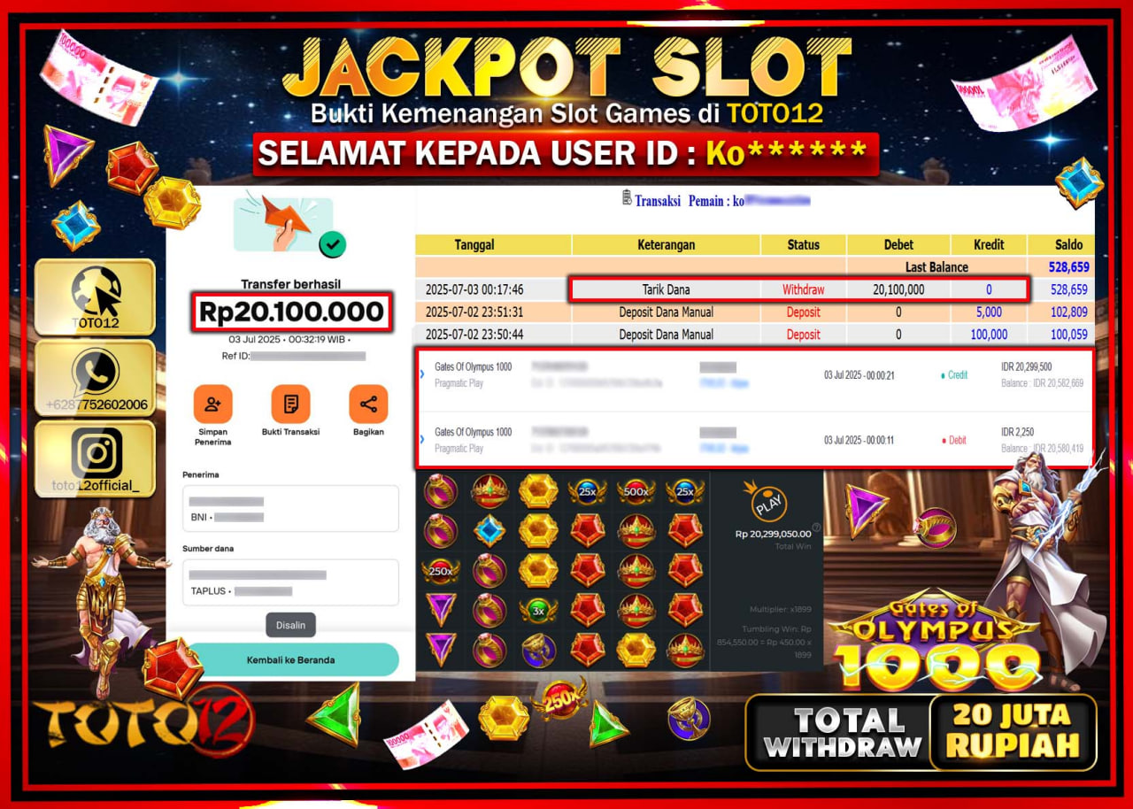 HANYA DI TOTO12 JP PASTI DI BAYAR LUNAS DAN CEPAT!!!!!! JACKPOT SLOT GAME (GATES OF OLYMPUS 1000) Rp.20.000.000 !!!!