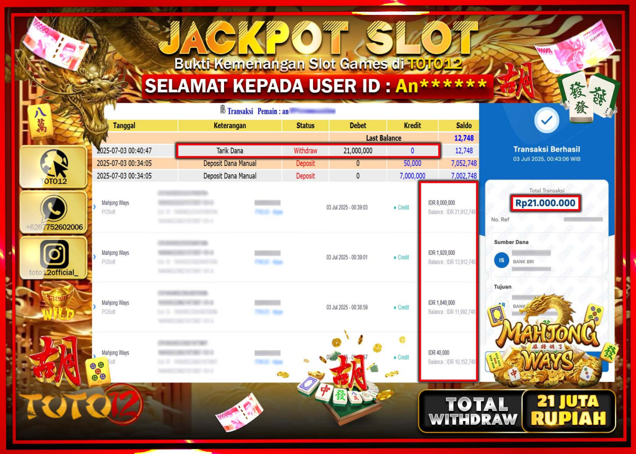 HANYA DI TOTO12 JP PASTI DI BAYAR LUNAS DAN CEPAT!!!!!! JACKPOT SLOT GAME (MAHJONG WAYS) Rp.21.000.000 !!!!