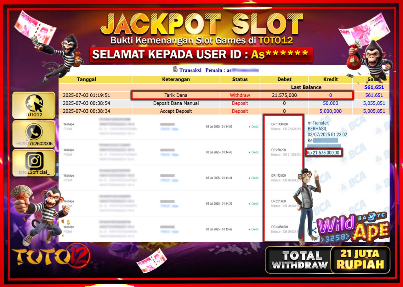 HANYA DI TOTO12 JP PASTI DI BAYAR LUNAS DAN CEPAT!!!!!! JACKPOT SLOT GAME (WILD APE) Rp.21.000.000 !!!!