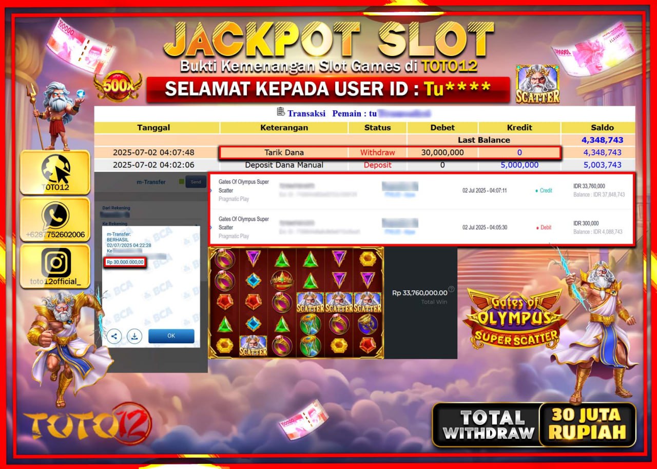 HANYA DI TOTO12 JP PASTI DI BAYAR LUNAS DAN CEPAT!!!!!! JACKPOT SLOT GAME (GATES OF OLYMPUS SUPER SCATTER) Rp.30.000.000 !!!!