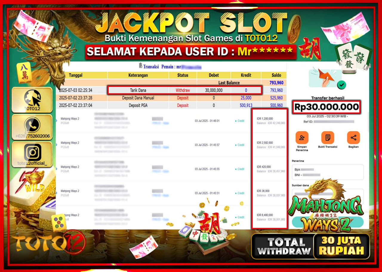 HANYA DI TOTO12 JP PASTI DI BAYAR LUNAS DAN CEPAT!!!!!! JACKPOT SLOT GAME (MAHJONG WAYS 2) Rp.30.000.000 !!!!