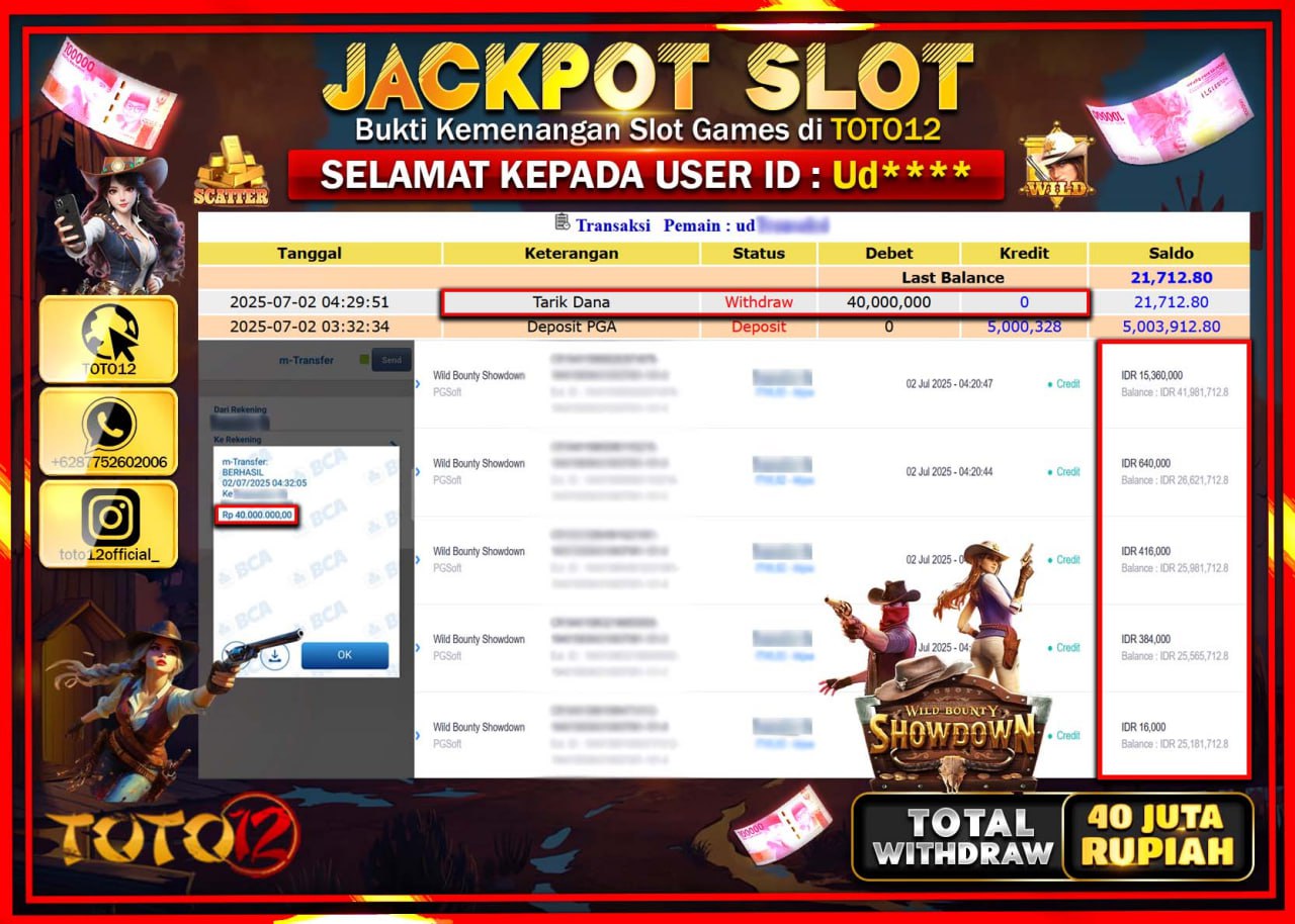 HANYA DI TOTO12 JP PASTI DI BAYAR LUNAS DAN CEPAT!!!!!! JACKPOT SLOT GAME (WILD BOUNTY SHOWDOWN) Rp.40.000.000 !!!!