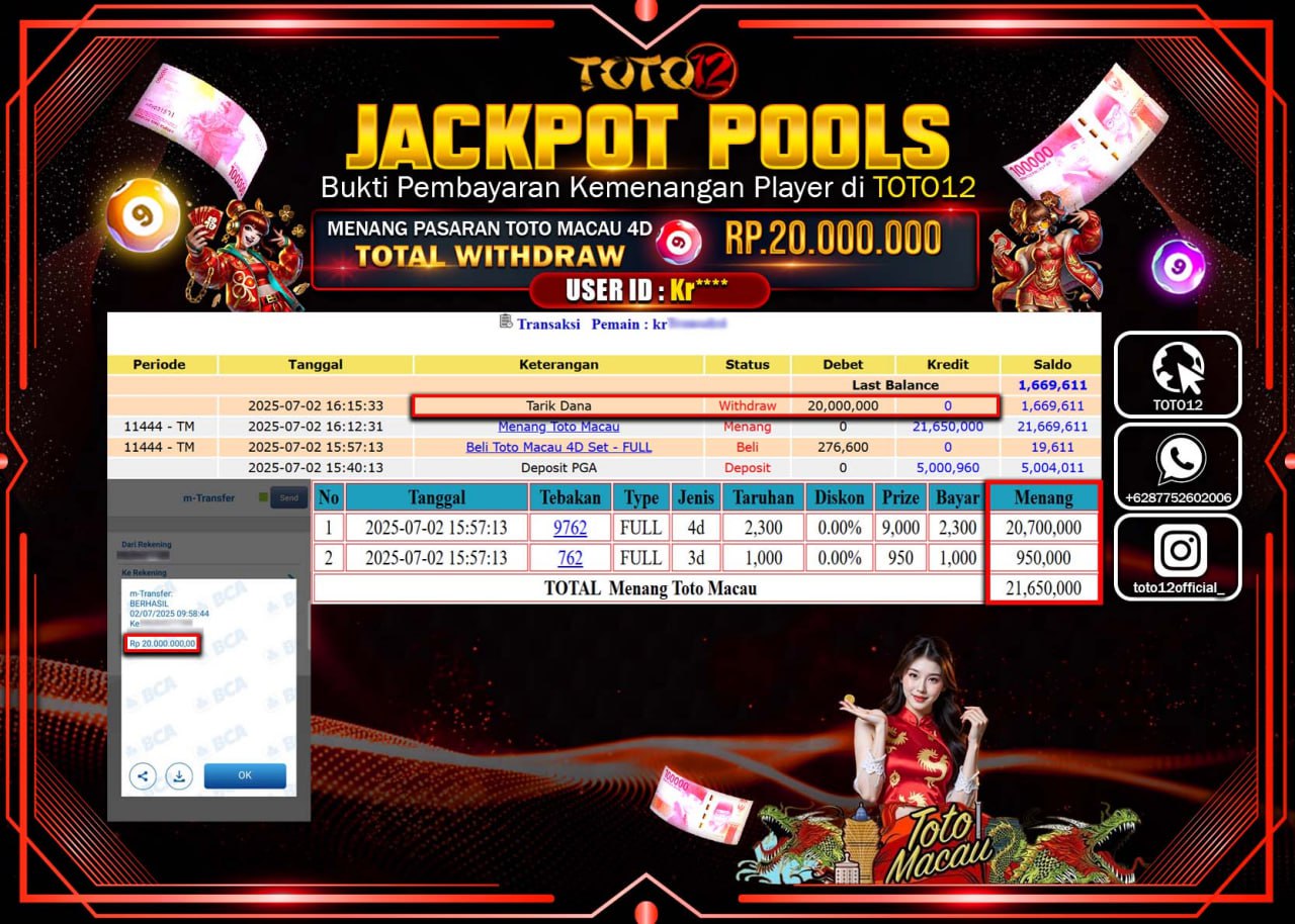 HANYA DI TOTO12 JP PASTI DI BAYAR LUNAS DAN CEPAT!!!!!! JACKPOT POOLS PARASAN (MACAU4D) Rp.20.000.000 !!!!