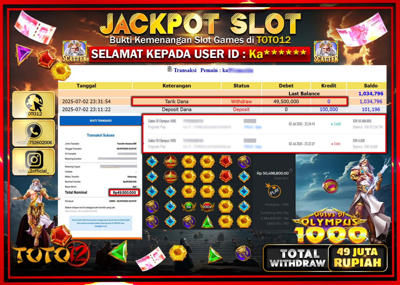 HANYA DI TOTO12 JP PASTI DI BAYAR LUNAS DAN CEPAT!!!!!! JACKPOT SLOT GAME (GATES OF OLYMPUS 1000) Rp.49.000.000 !!!!