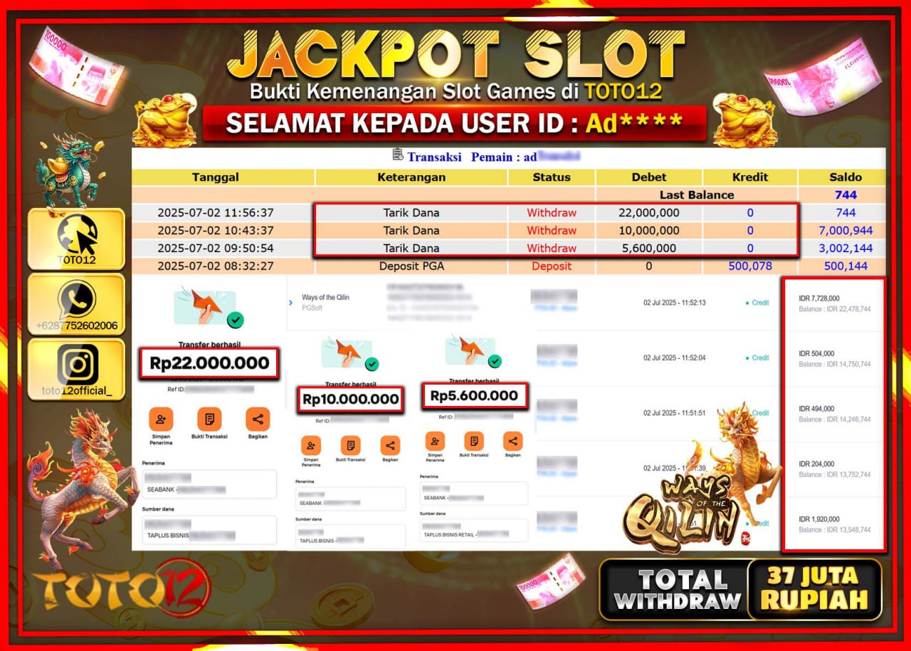 HANYA DI TOTO12 JP PASTI DI BAYAR LUNAS DAN CEPAT!!!!!! JACKPOT SLOT GAME (WAYS OF THE QILIN) Rp.37.000.000 !!!!