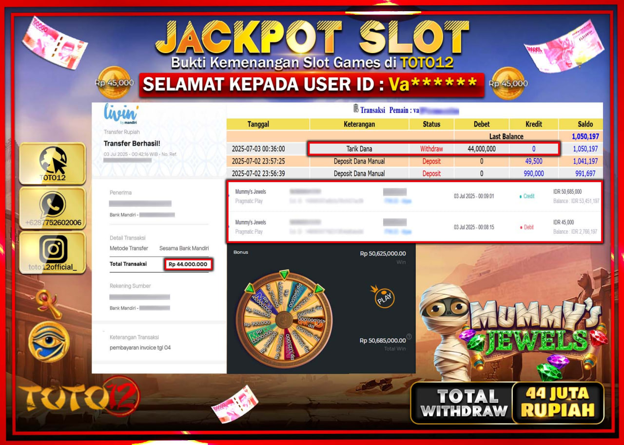 HANYA DI TOTO12 JP PASTI DI BAYAR LUNAS DAN CEPAT!!!!!! JACKPOT SLOT GAME (MUMMYS JEWELS) Rp.44.000.000 !!!!