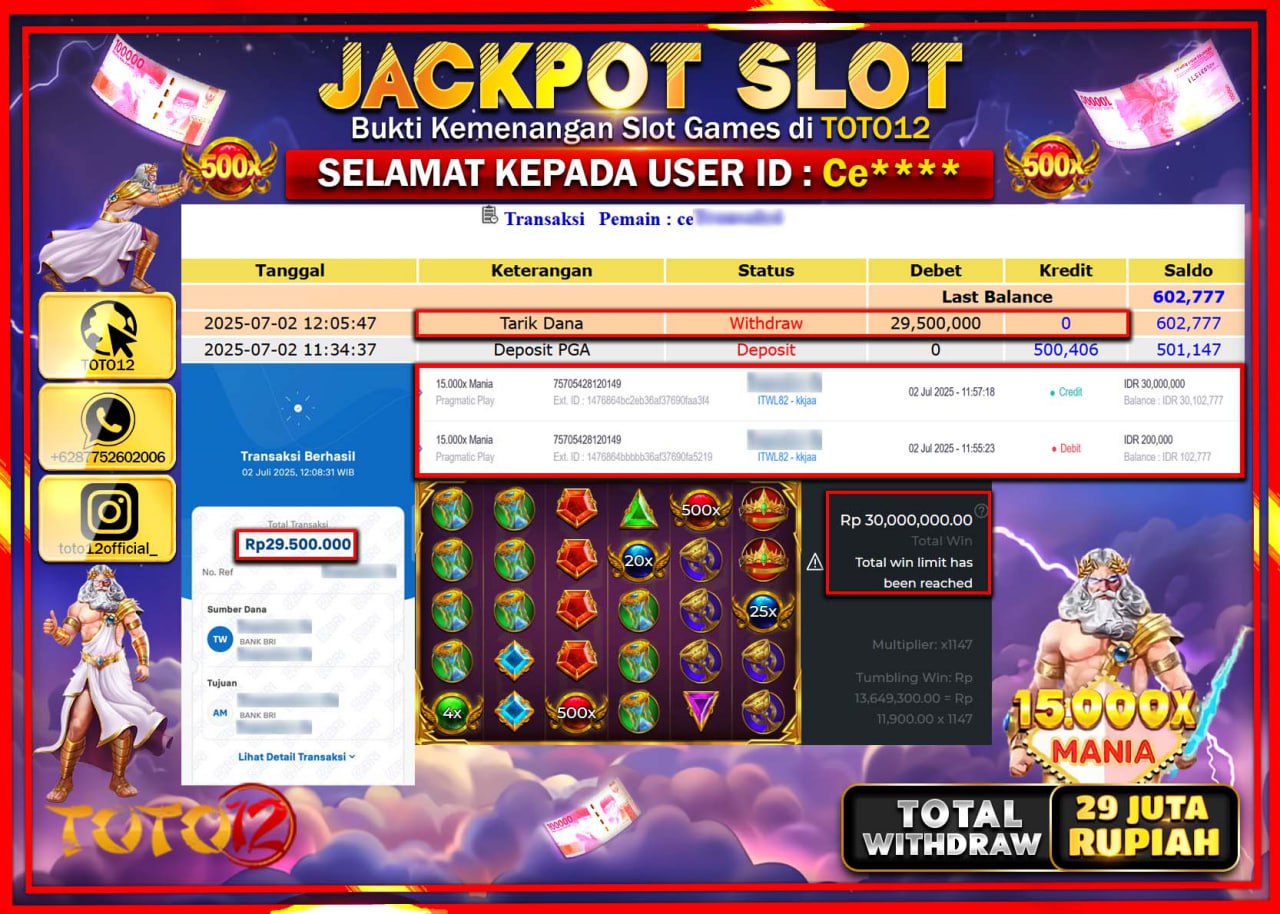 HANYA DI TOTO12 JP PASTI DI BAYAR LUNAS DAN CEPAT!!!!!! JACKPOT SLOT GAME (15.000X MANIA) Rp.29.000.000 !!!!