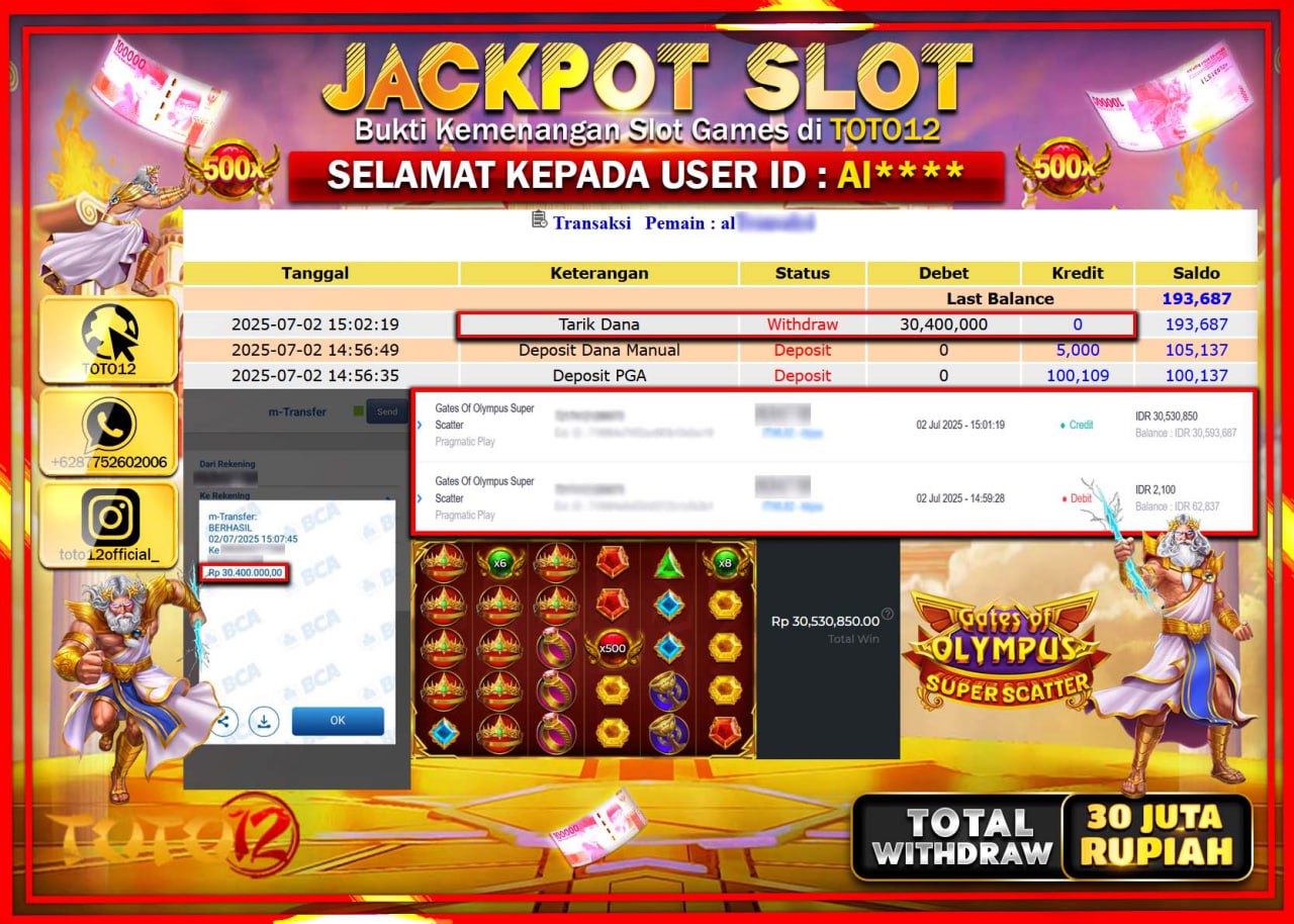 HANYA DI TOTO12 JP PASTI DI BAYAR LUNAS DAN CEPAT!!!!!! JACKPOT SLOT GAME (GATES OF OLYMPUS SUPER SCATTER) Rp.30.000.000 !!!!