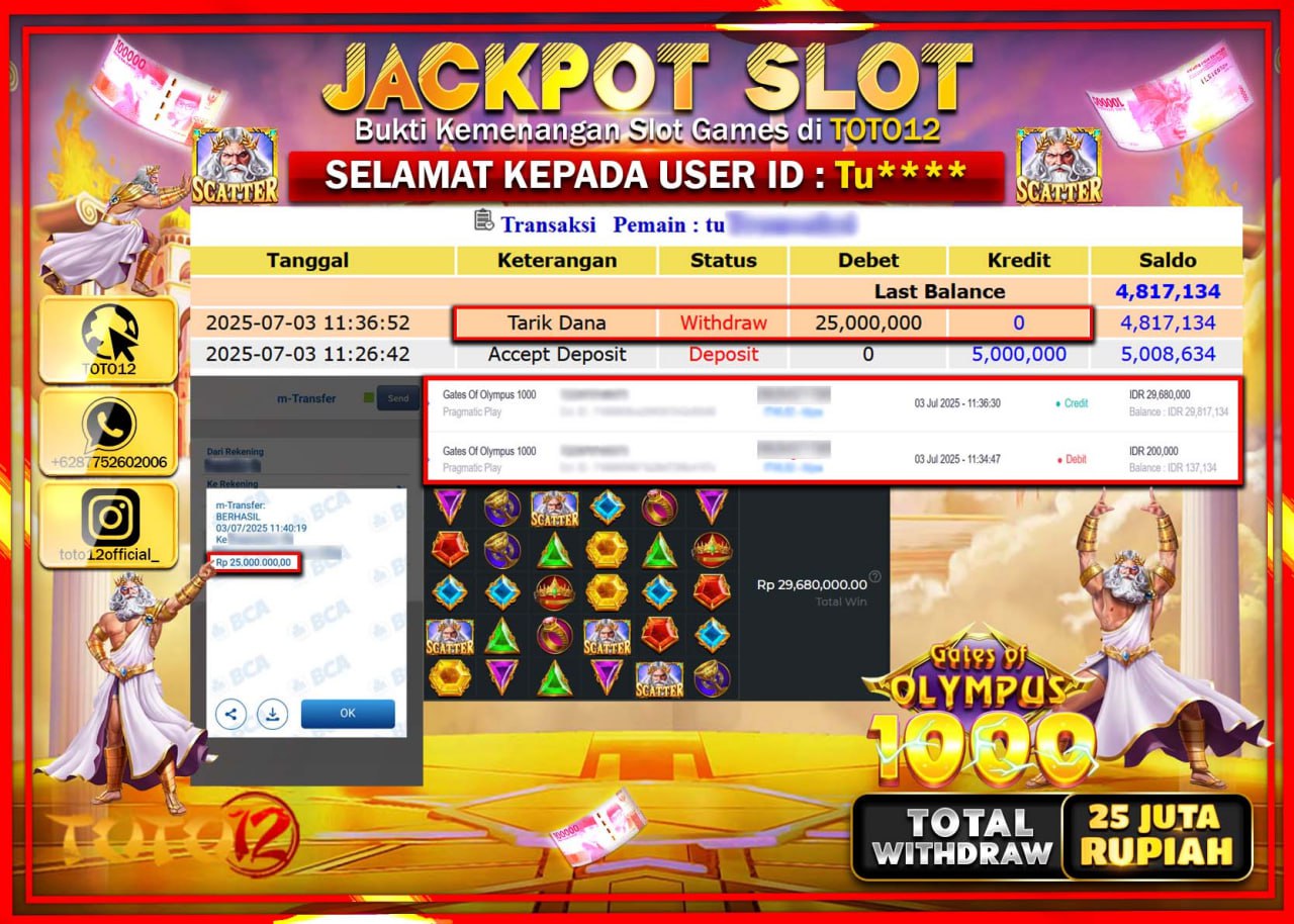 HANYA DI TOTO12 JP PASTI DI BAYAR LUNAS DAN CEPAT!!!!!! JACKPOT SLOT GAME (GATES OF OLYMPUS 1000) Rp.25.000.000 !!!!