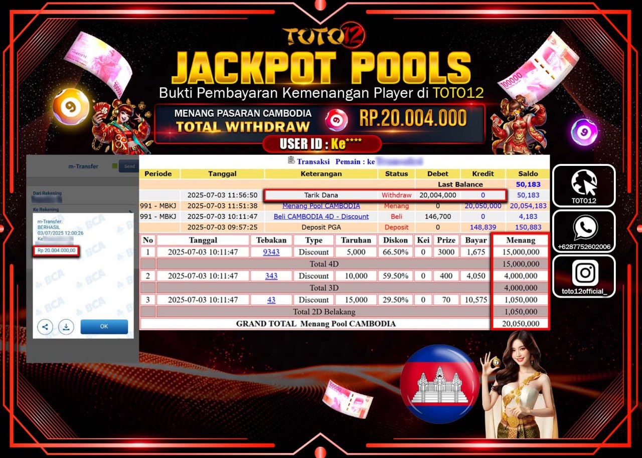 HANYA DI TOTO12 JP PASTI DI BAYAR LUNAS DAN CEPAT!!!!!! JACKPOT POOLS PARASAN (CAMBODIA) Rp.20.004.000 !!!!