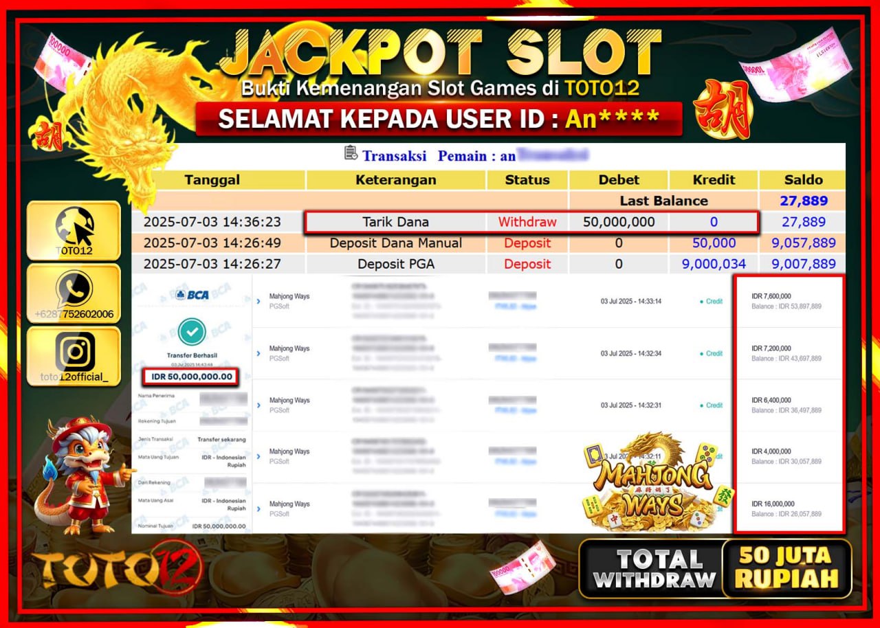 HANYA DI TOTO12 JP PASTI DI BAYAR LUNAS DAN CEPAT!!!!!! JACKPOT SLOT GAME (MAHJONG WAYS) Rp.50.000.000 !!!!