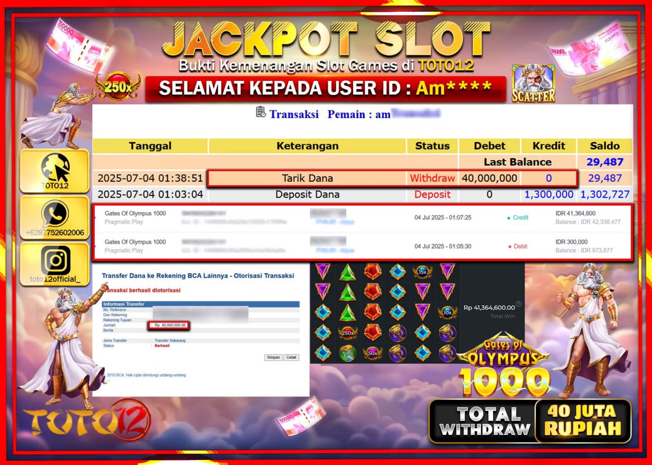 HANYA DI TOTO12 JP PASTI DI BAYAR LUNAS DAN CEPAT!!!!!! JACKPOT SLOT GAME (GATES OF OLYMPUS 1000) Rp.40.000.000 !!!!