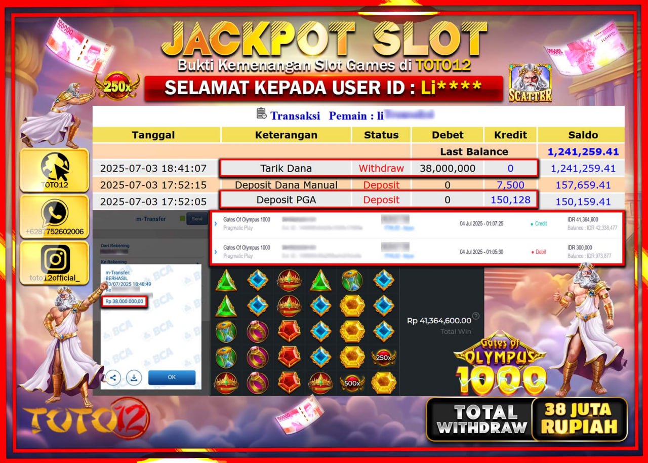 HANYA DI TOTO12 JP PASTI DI BAYAR LUNAS DAN CEPAT!!!!!! JACKPOT SLOT GAME (GATES OF OLYMPUS 1000) Rp.38.000.000 !!!!