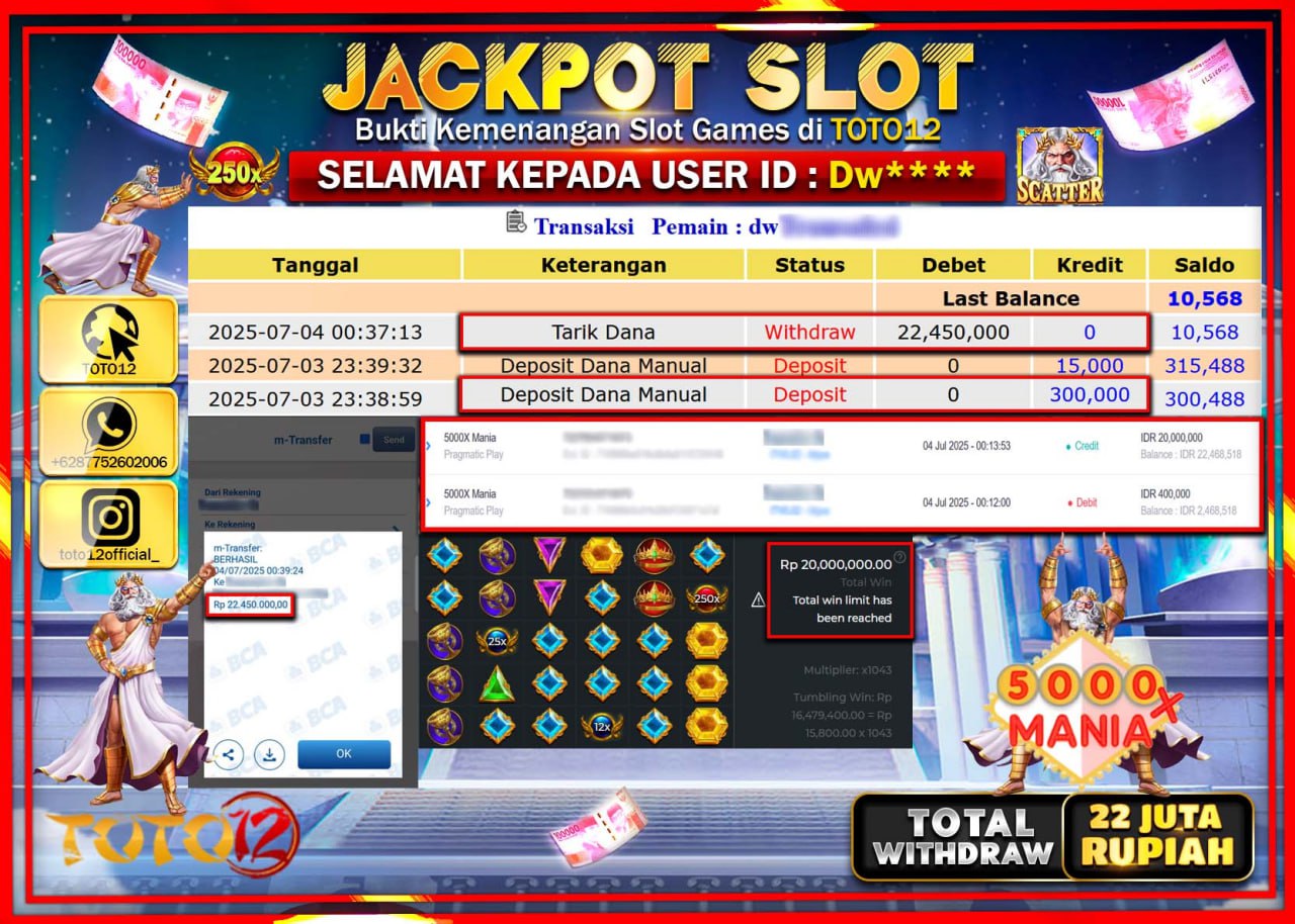HANYA DI TOTO12 JP PASTI DI BAYAR LUNAS DAN CEPAT!!!!!! JACKPOT SLOT GAME (5000X MANIA) Rp.22.000.000 !!!!