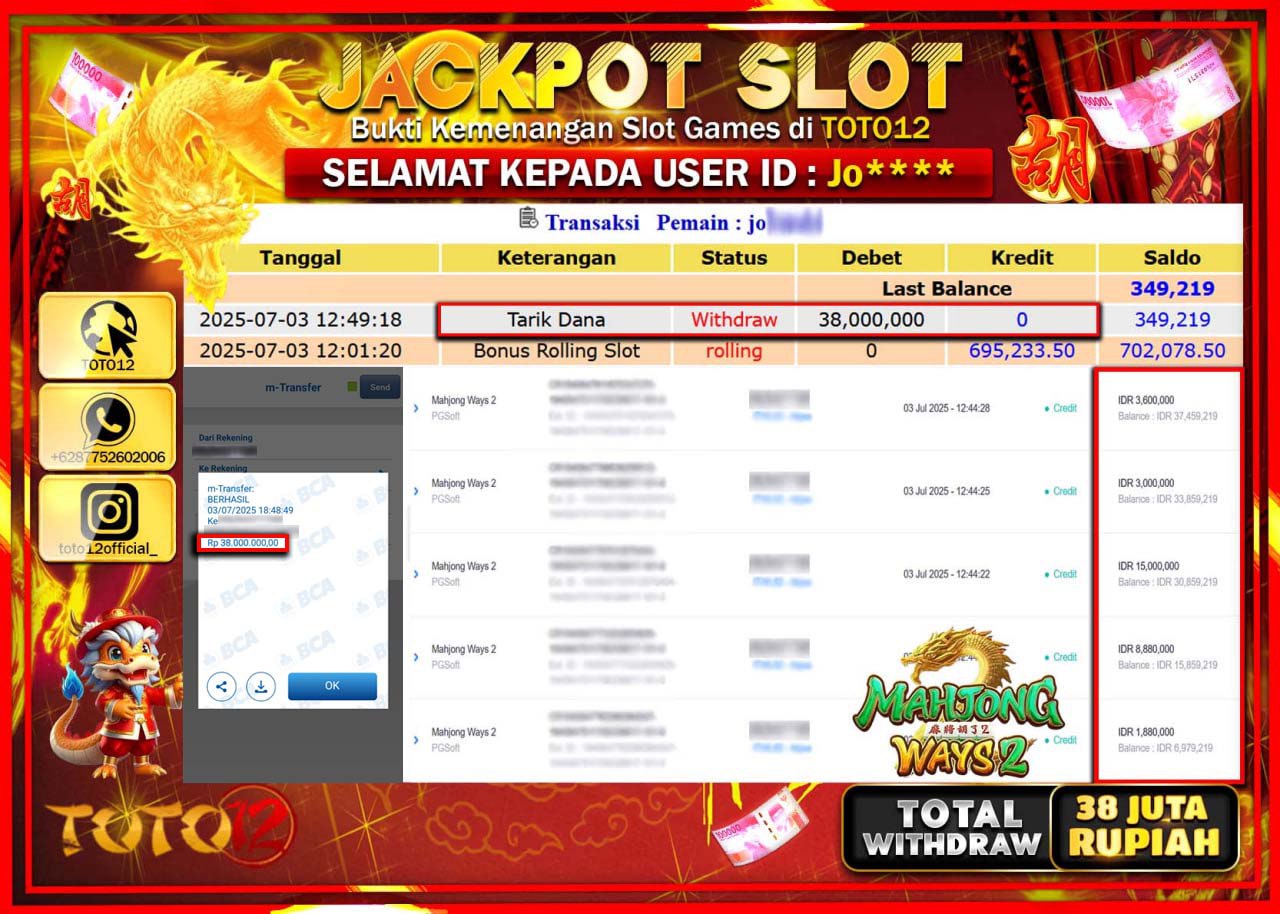 HANYA DI TOTO12 JP PASTI DI BAYAR LUNAS DAN CEPAT!!!!!! JACKPOT SLOT GAME (MAHJONG WAYS 2) Rp.38.000.000 !!!!