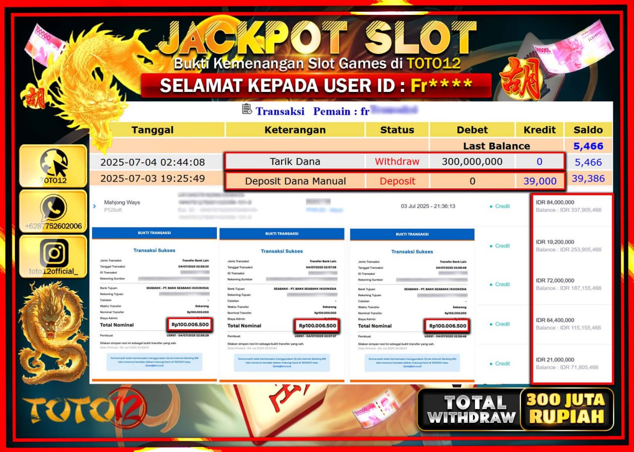 HANYA DI TOTO12 JP PASTI DI BAYAR LUNAS DAN CEPAT!!!!!! JACKPOT SLOT GAME (MAHJONG WAYS) Rp.300.000.000 !!!!