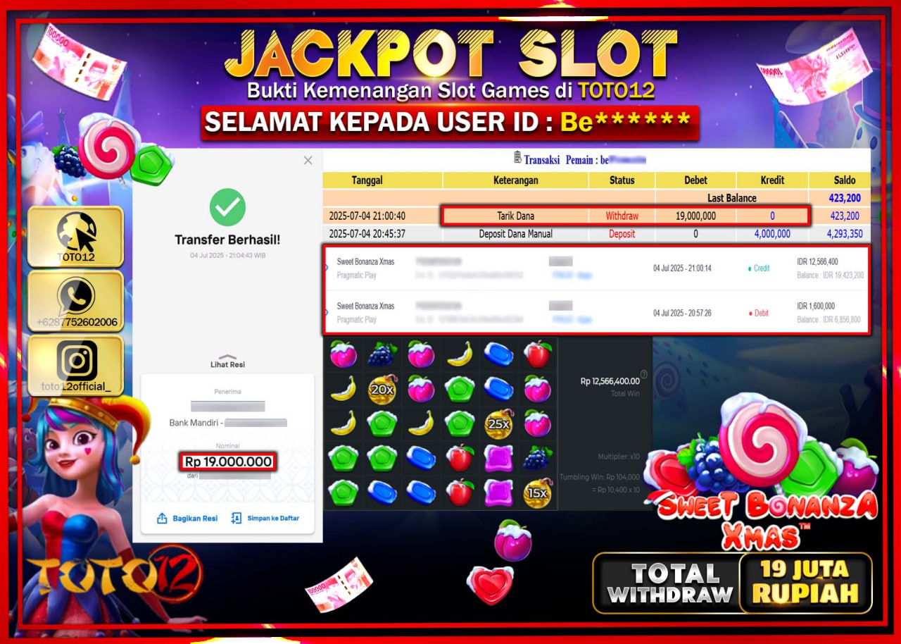 HANYA DI TOTO12 JP PASTI DI BAYAR LUNAS DAN CEPAT!!!!!! JACKPOT SLOT GAME (SWEET BONANZA XMAS) Rp.19.000.000 !!!!