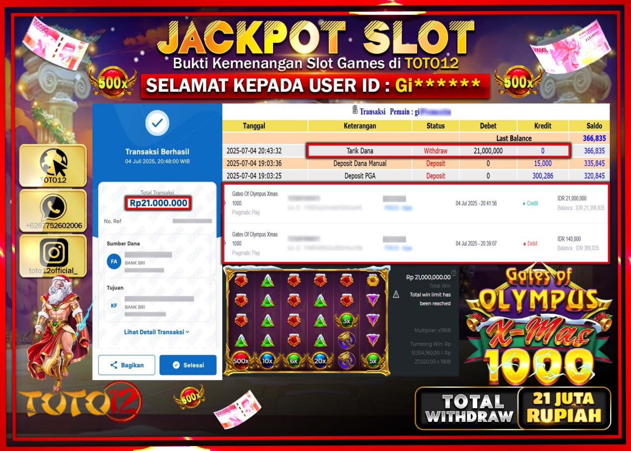 HANYA DI TOTO12 JP PASTI DI BAYAR LUNAS DAN CEPAT!!!!!! JACKPOT SLOT GAME (GATES OF OLYMPUS XMAS 1000) Rp.21.000.000 !!!!