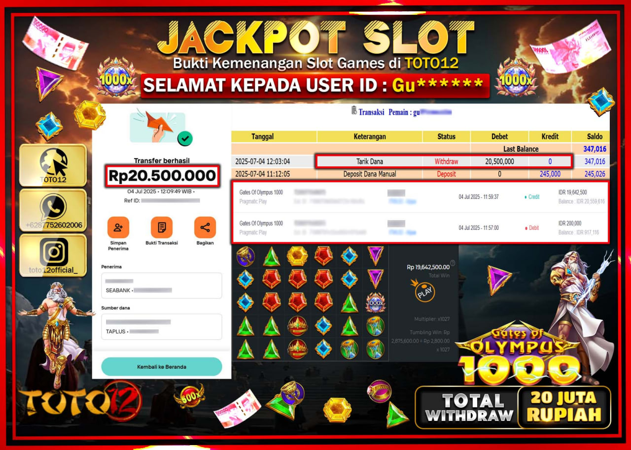 HANYA DI TOTO12 JP PASTI DI BAYAR LUNAS DAN CEPAT!!!!!! JACKPOT SLOT GAME (GATES OF OLYMPUS 1000) Rp.20.000.000 !!!!