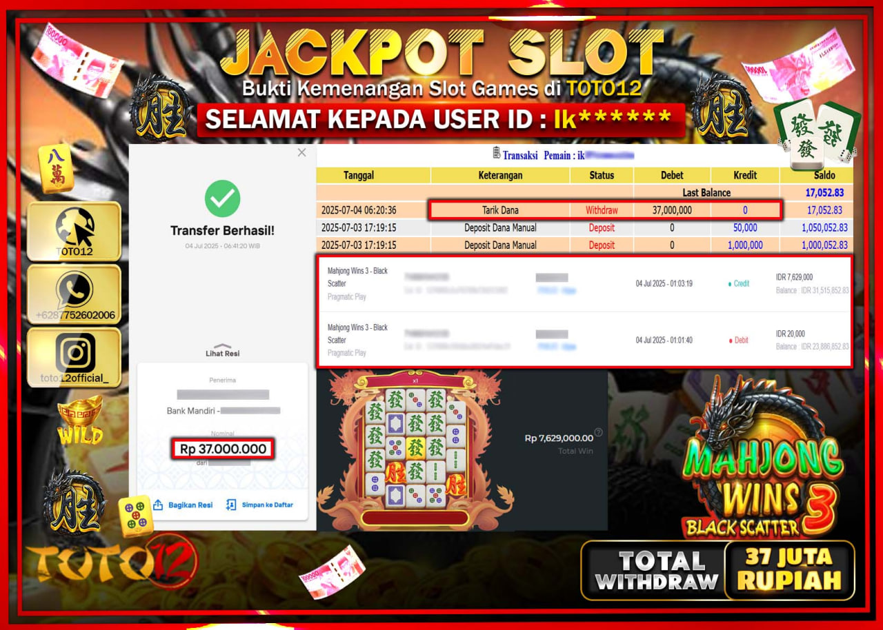 HANYA DI TOTO12 JP PASTI DI BAYAR LUNAS DAN CEPAT!!!!!! JACKPOT SLOT GAME (MAHJONG WINS 3 BLACK SCATTER) Rp.37.000.000 !!!!