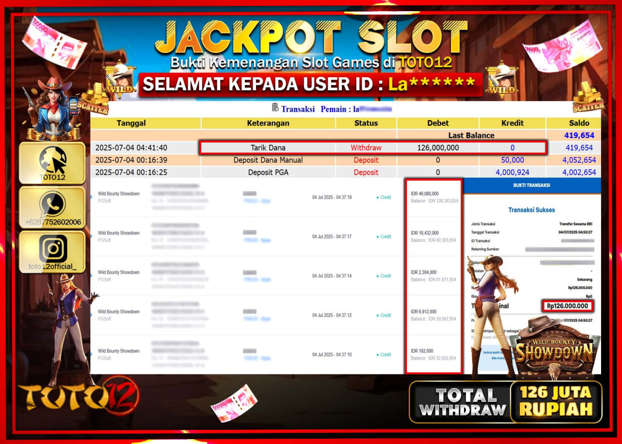 HANYA DI TOTO12 JP PASTI DI BAYAR LUNAS DAN CEPAT!!!!!! JACKPOT SLOT GAME (WILD BOUNTY SHOWDOWN) Rp.126.000.000 !!!!