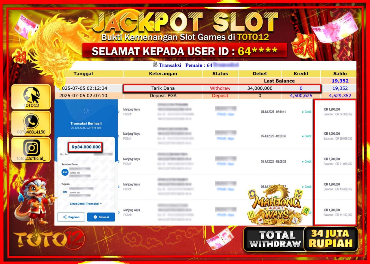 HANYA DI TOTO12 JP PASTI DI BAYAR LUNAS DAN CEPAT!!!!!! JACKPOT SLOT GAME (MAHJONG WAYS) Rp.34.000.000 !!!!