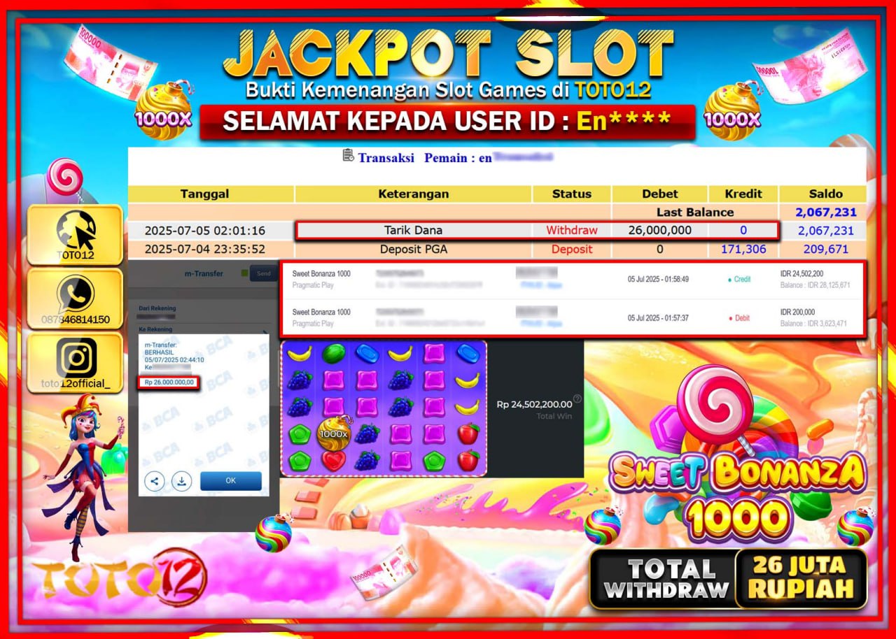 HANYA DI TOTO12 JP PASTI DI BAYAR LUNAS DAN CEPAT!!!!!! JACKPOT SLOT GAME (SWEET BONANZA 1000) Rp.26.000.000 !!!!