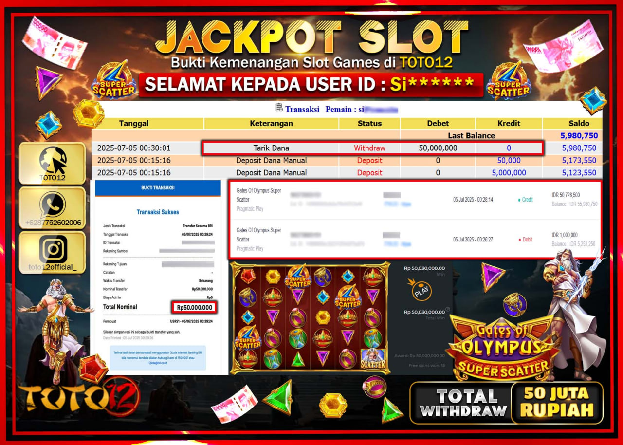 HANYA DI TOTO12 JP PASTI DI BAYAR LUNAS DAN CEPAT!!!!!! JACKPOT SLOT GAME (GATES OF OLYMPUS SUPER SCATTER) Rp.50.000.000 !!!!