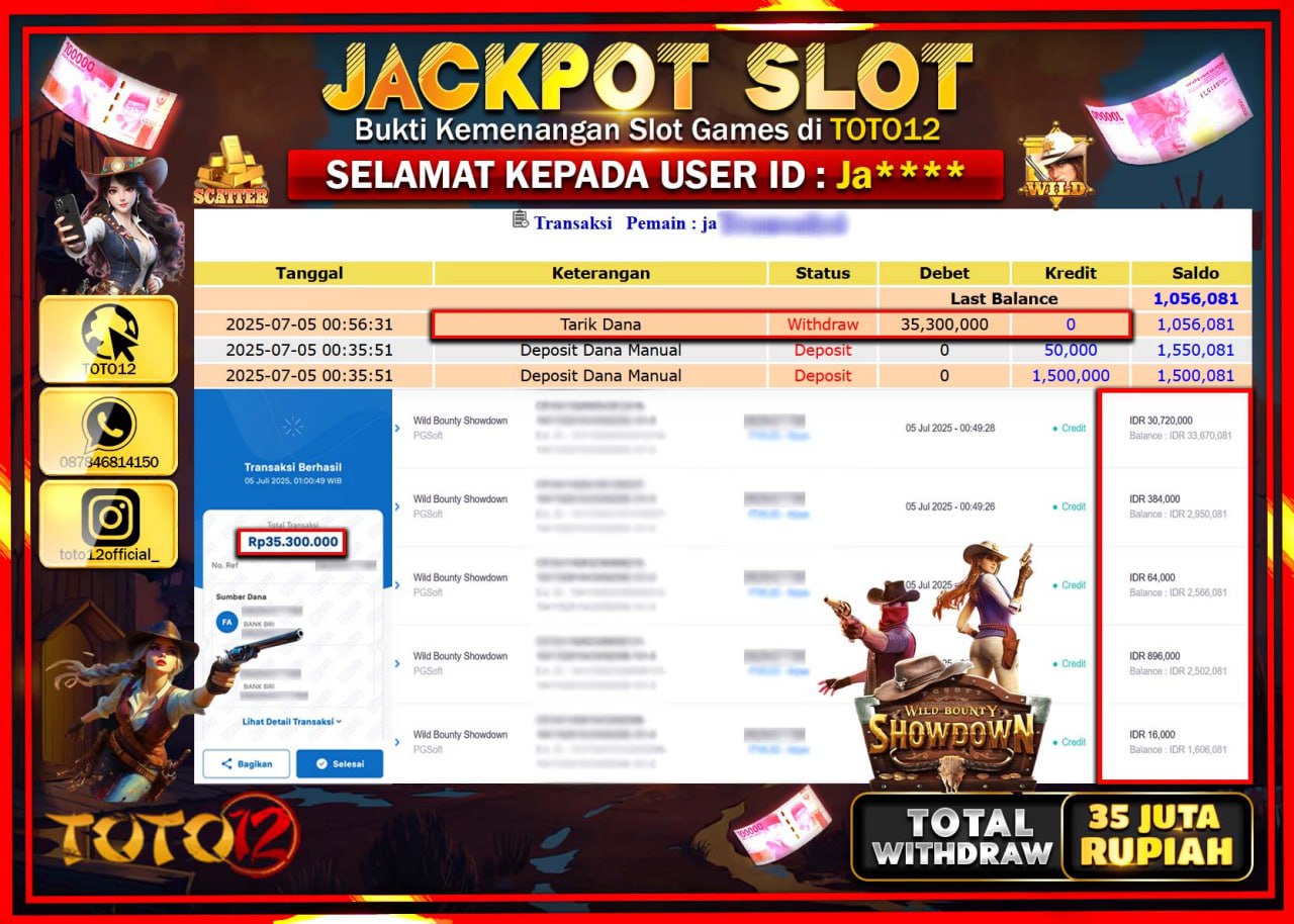 HANYA DI TOTO12 JP PASTI DI BAYAR LUNAS DAN CEPAT!!!!!! JACKPOT SLOT GAME (WILD BOUNTY SHOWDOWN) Rp.35.000.000 !!!!