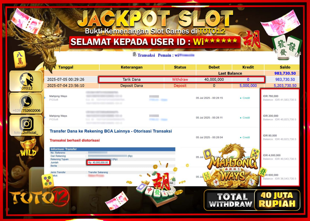 HANYA DI TOTO12 JP PASTI DI BAYAR LUNAS DAN CEPAT!!!!!! JACKPOT SLOT GAME (MAHJONG WAYS) Rp.40.000.000 !!!!
