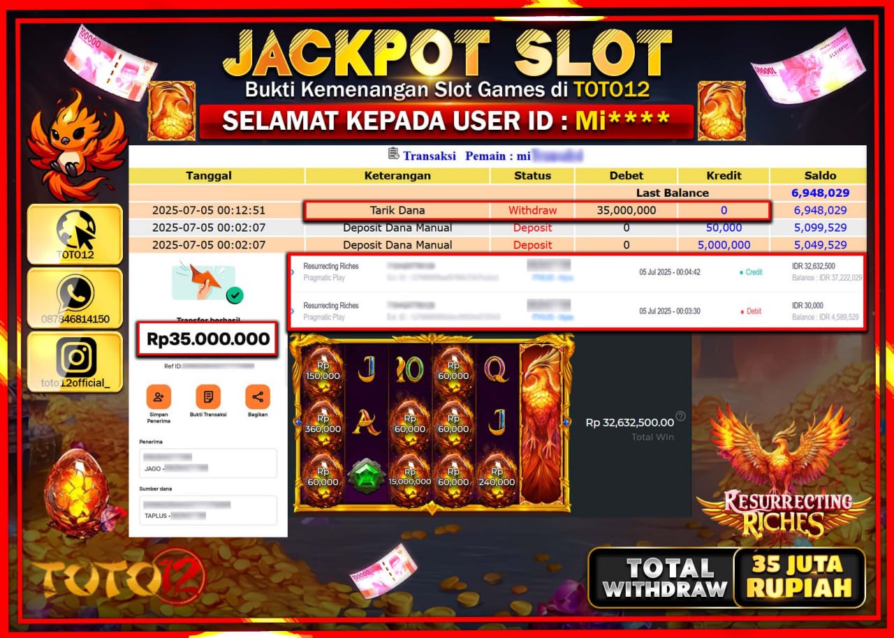 HANYA DI TOTO12 JP PASTI DI BAYAR LUNAS DAN CEPAT!!!!!! JACKPOT SLOT GAME (RESURRECTING RICHES) Rp.35.000.000 !!!!