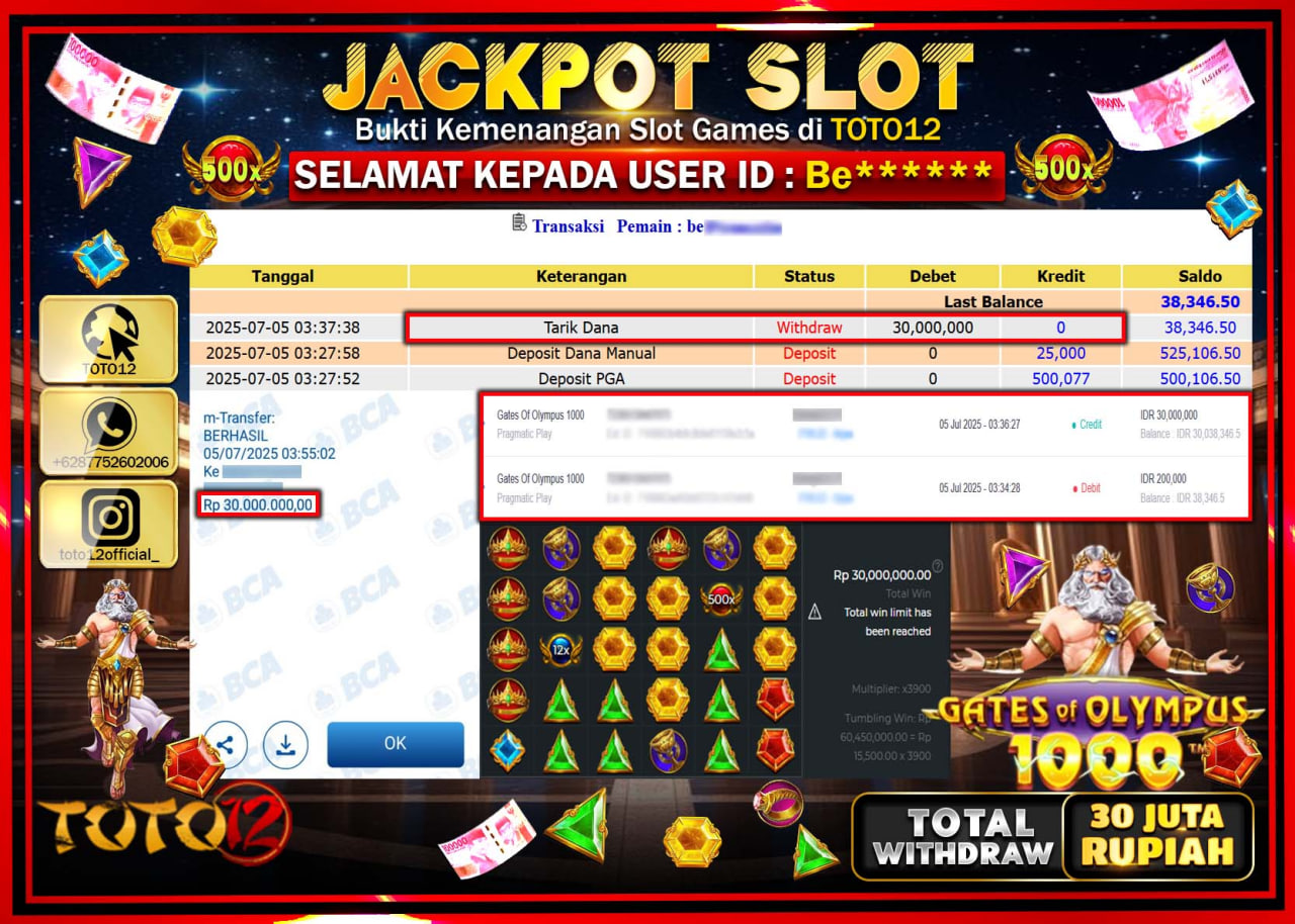 HANYA DI TOTO12 JP PASTI DI BAYAR LUNAS DAN CEPAT!!!!!! JACKPOT SLOT GAME (GATES OF OLYMPUS 1000) Rp.30.000.000 !!!!