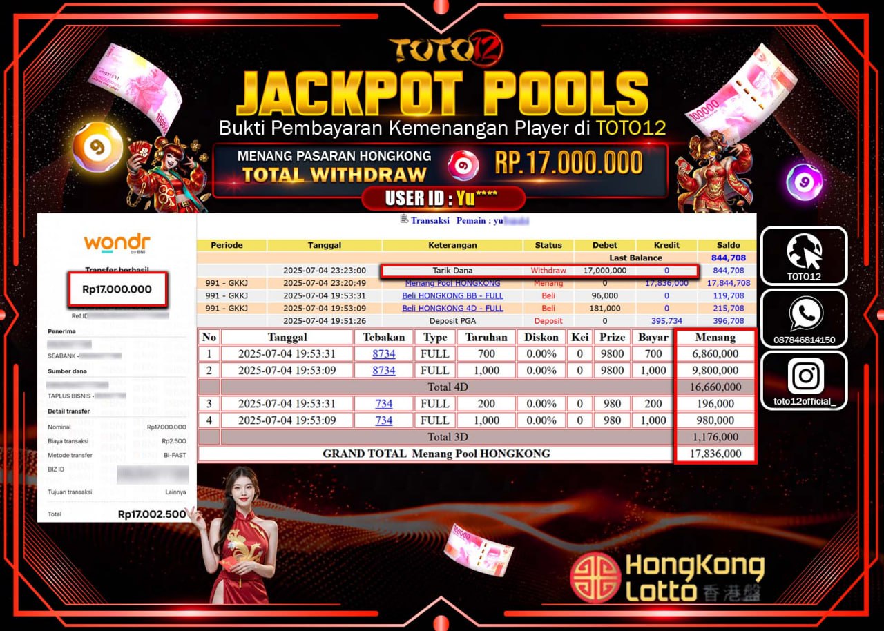 HANYA DI TOTO12 JP PASTI DI BAYAR LUNAS DAN CEPAT!!!!!! JACKPOT POOLS PASARAN(HONGKONG) Rp.17.000.000 !!!!
