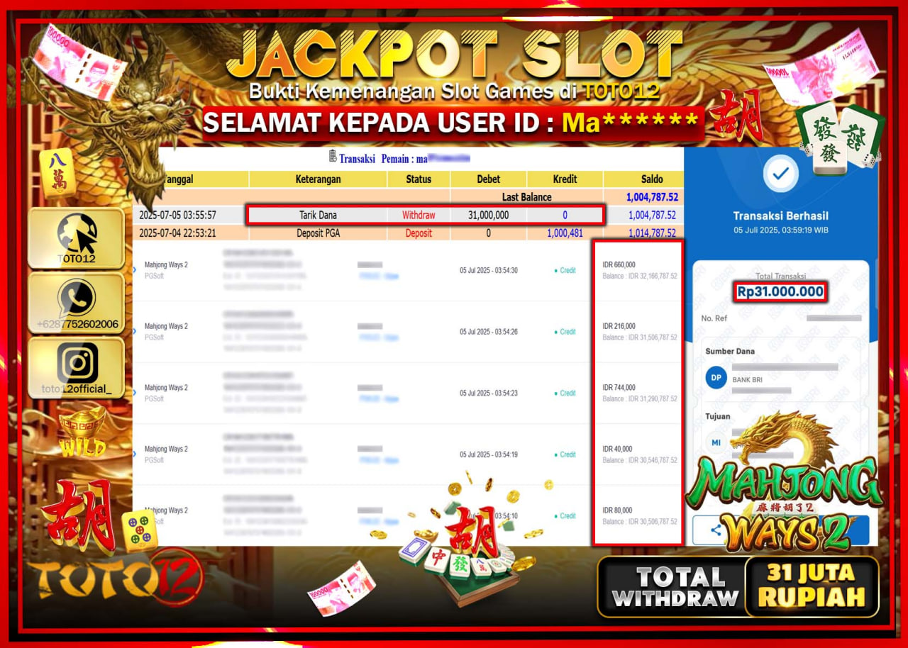 HANYA DI TOTO12 JP PASTI DI BAYAR LUNAS DAN CEPAT!!!!!! JACKPOT SLOT GAME (MAHJONG WAYS 2) Rp.31.000.000 !!!!