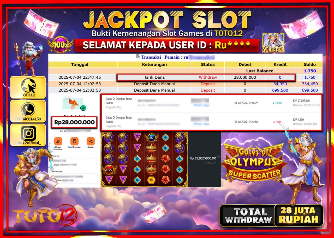 HANYA DI TOTO12 JP PASTI DI BAYAR LUNAS DAN CEPAT!!!!!! JACKPOT SLOT GAME (GATES OF OLYMPUS SUPER SCATTER) Rp.28.000.000 !!!!