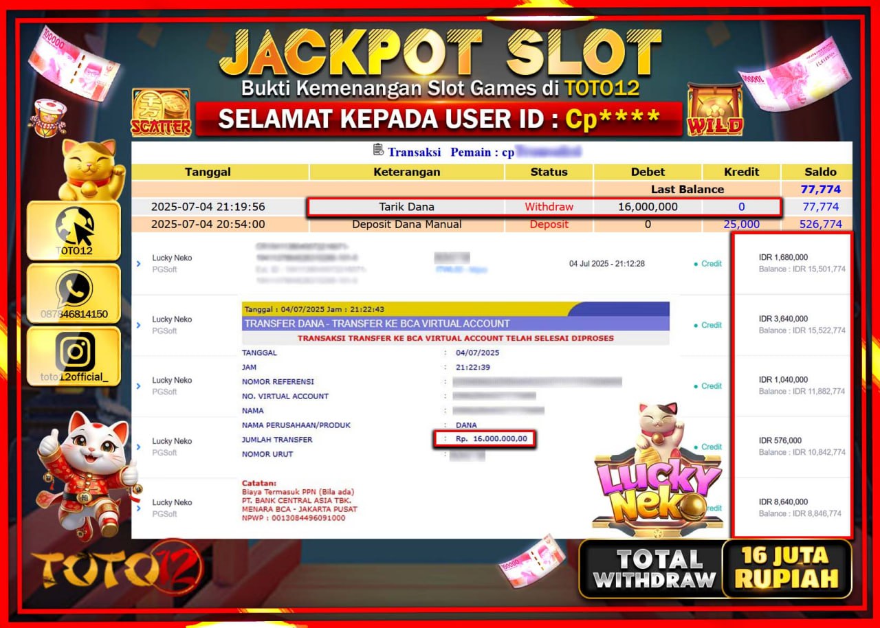 HANYA DI TOTO12 JP PASTI DI BAYAR LUNAS DAN CEPAT!!!!!! JACKPOT SLOT GAME (LUCKY NEKO) Rp.16.000.000 !!!!