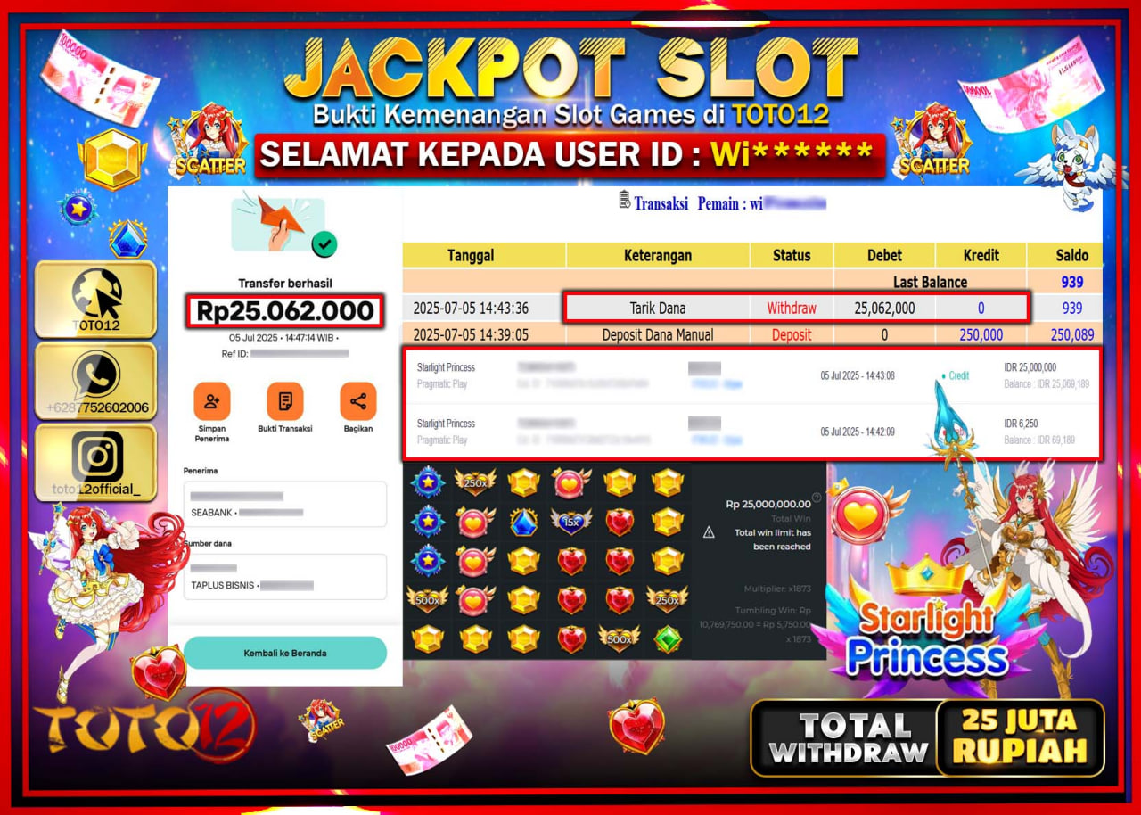 HANYA DI TOTO12 JP PASTI DI BAYAR LUNAS DAN CEPAT!!!!!! JACKPOT SLOT GAME (STARLIGHT PRINCESS) Rp.25.000.000 !!!!